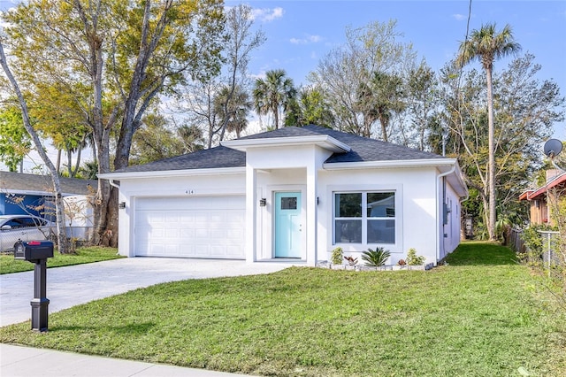 single story home featuring driveway, an attached garage, fence, a front lawn, and stucco siding