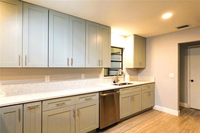 kitchen featuring a sink, visible vents, baseboards, dishwasher, and light wood finished floors