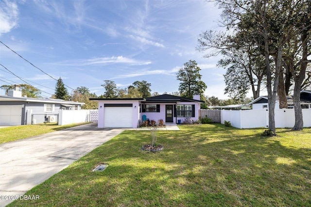 ranch-style home featuring a garage, a front yard, concrete driveway, and fence