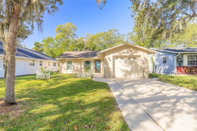 single story home featuring a garage, stucco siding, concrete driveway, and a front yard