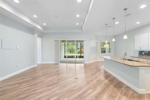 kitchen with light stone counters, light wood-type flooring, a sink, and tasteful backsplash