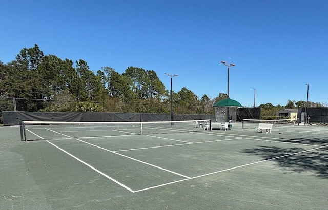 view of tennis court featuring fence