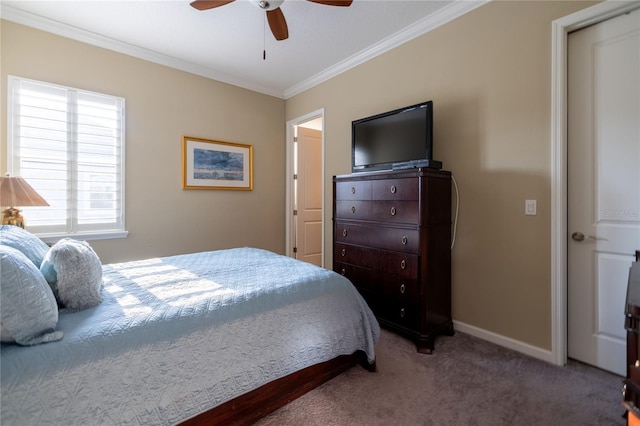 bedroom featuring crown molding, ceiling fan, carpet, and baseboards