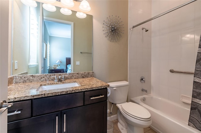 full bath with toilet,  shower combination, and vanity