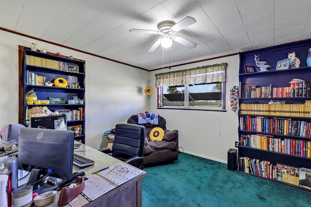 office area with carpet, ornamental molding, and ceiling fan