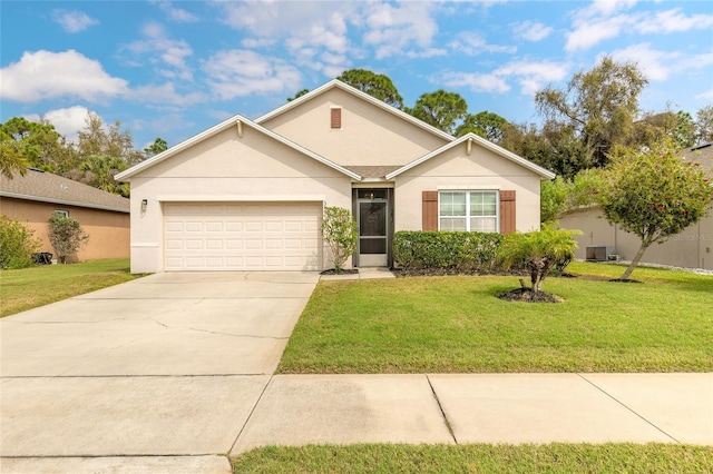 single story home with a front yard, an attached garage, driveway, and stucco siding