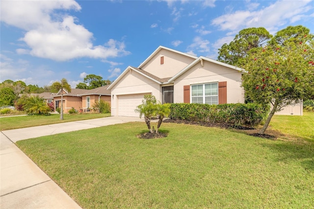 ranch-style home featuring a front yard, a garage, driveway, and stucco siding