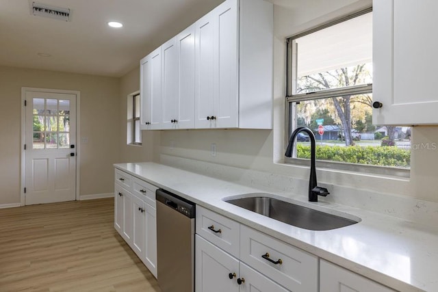 kitchen featuring a sink, visible vents, white cabinets, and dishwasher