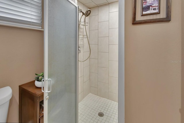 full bathroom with a shower stall and toilet