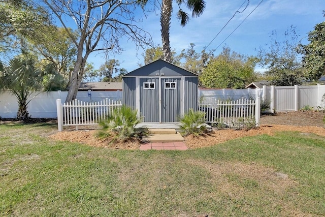 view of shed with a fenced backyard