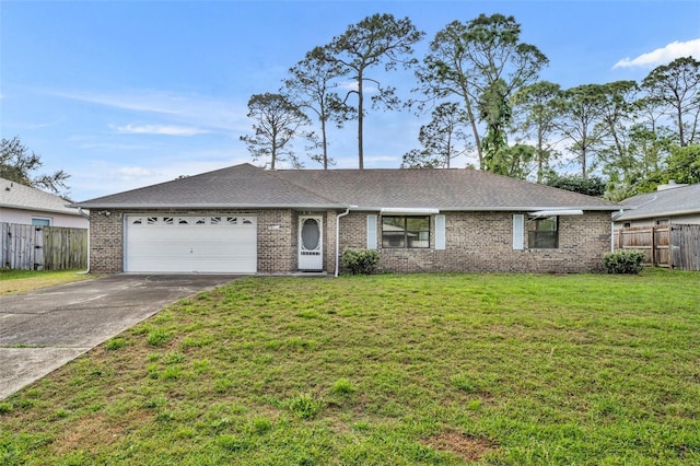 ranch-style house with a shingled roof, a front lawn, fence, concrete driveway, and an attached garage