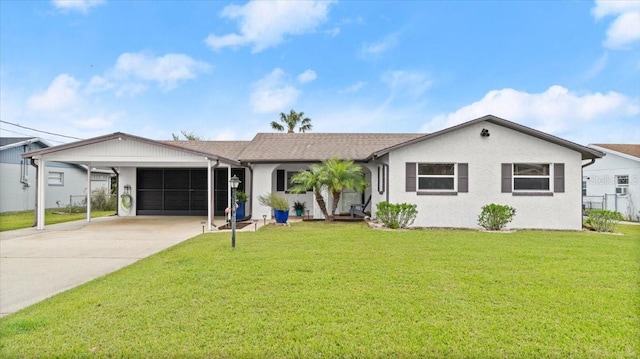 single story home with an attached garage, stucco siding, concrete driveway, and a front yard