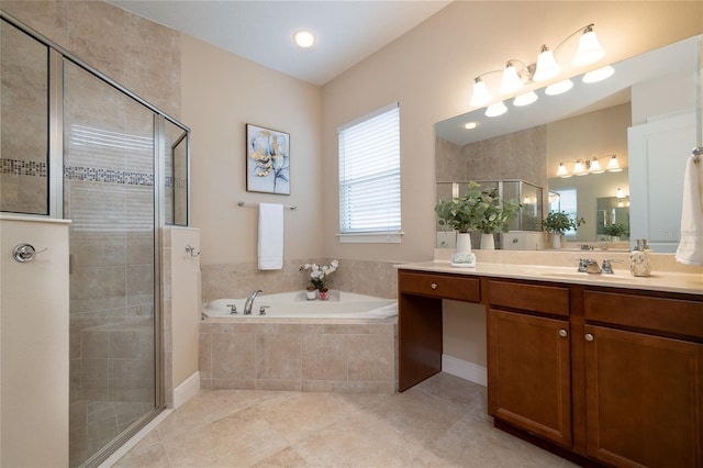 full bath featuring vanity, tile patterned flooring, a shower stall, and a bath