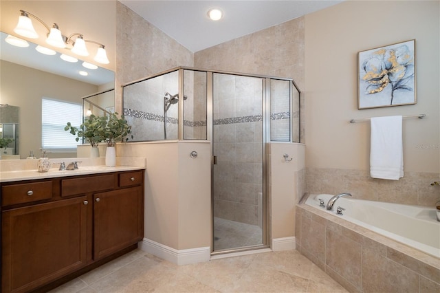 bathroom featuring a stall shower, tile patterned flooring, vanity, and a bath