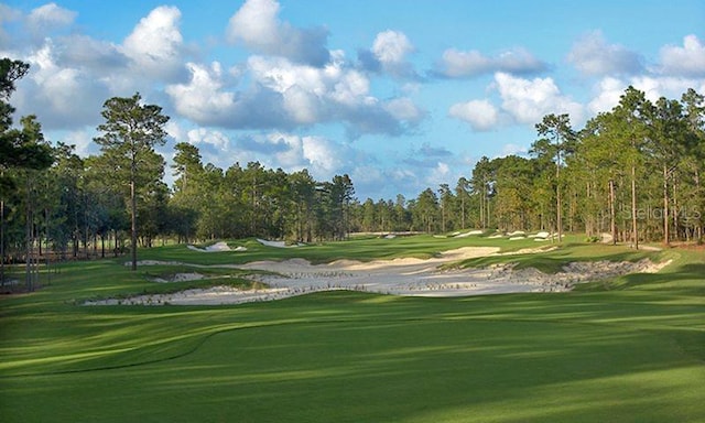 view of community with view of golf course and a lawn