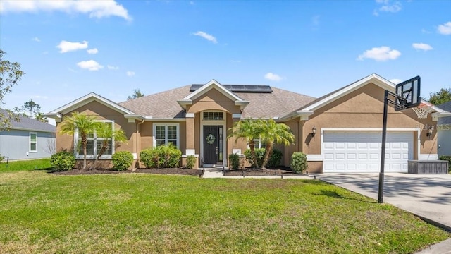 ranch-style home with stucco siding, solar panels, and a front lawn