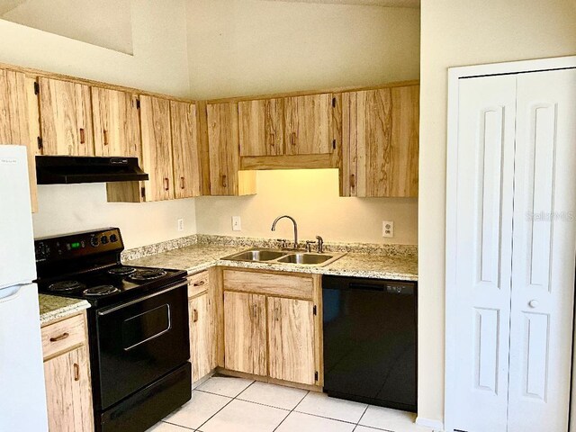 kitchen featuring a sink, black appliances, under cabinet range hood, light countertops, and light tile patterned floors