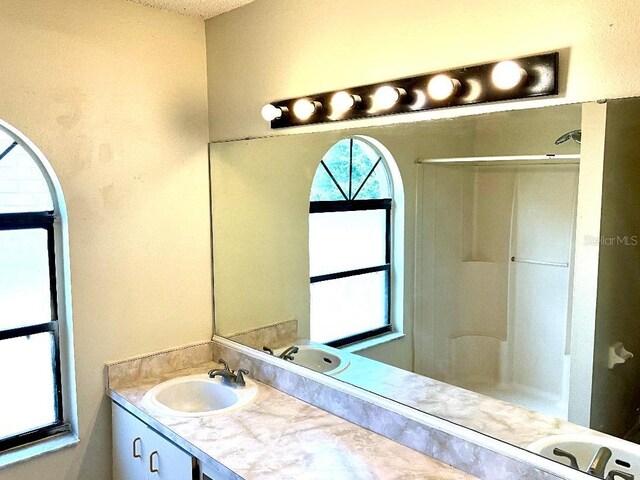 bathroom with vanity and a shower