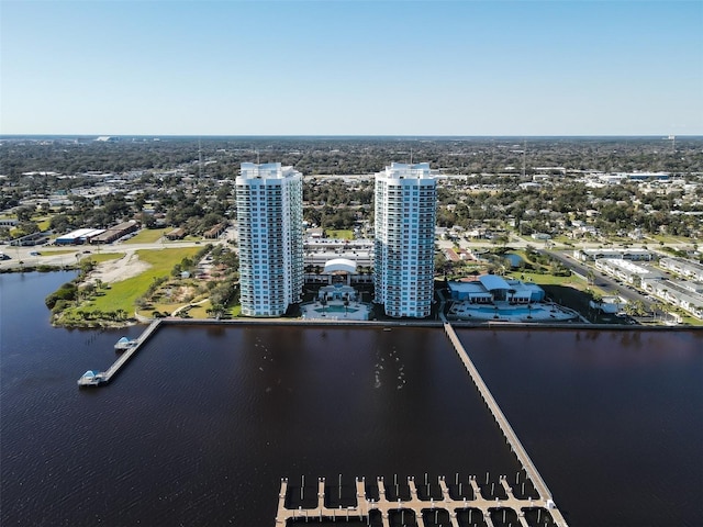 drone / aerial view featuring a water view