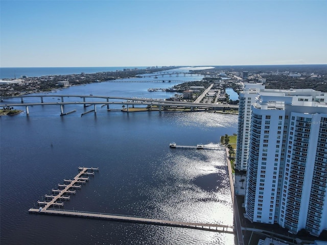 drone / aerial view featuring a city view and a water view