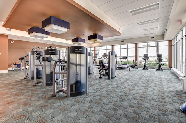 exercise room featuring a tray ceiling, carpet, visible vents, and baseboards