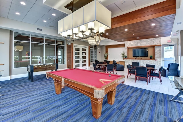 recreation room featuring visible vents, recessed lighting, pool table, and baseboards