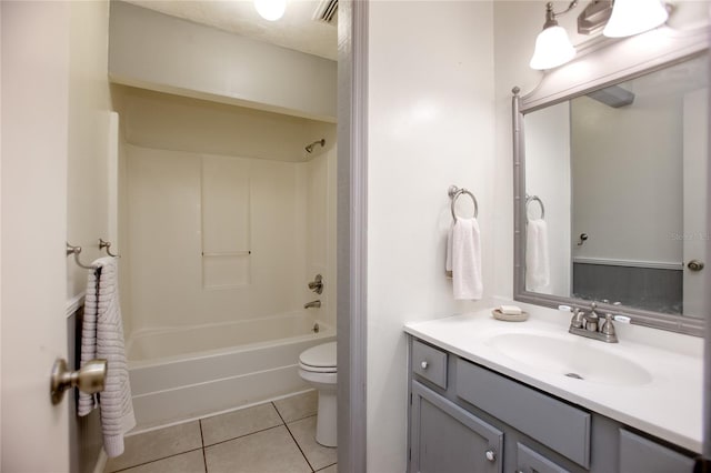 full bath featuring tile patterned floors, visible vents, toilet, shower / bathing tub combination, and vanity