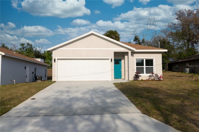 ranch-style home with concrete driveway, central AC, a front yard, stucco siding, and an attached garage