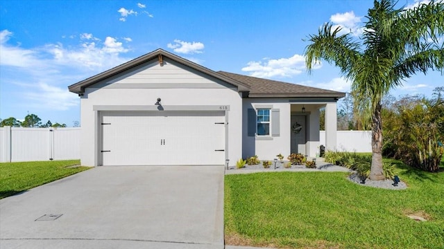 single story home with a garage, a front lawn, driveway, and fence