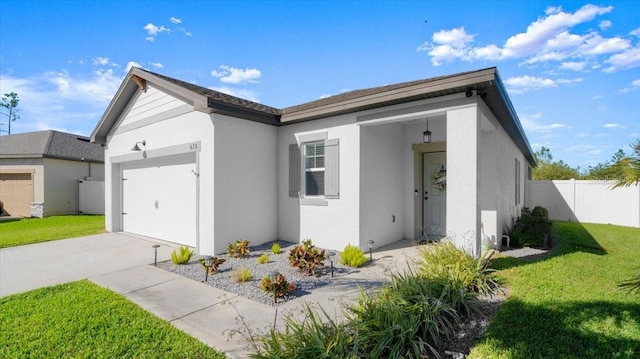 ranch-style house featuring fence, an attached garage, stucco siding, concrete driveway, and a front lawn