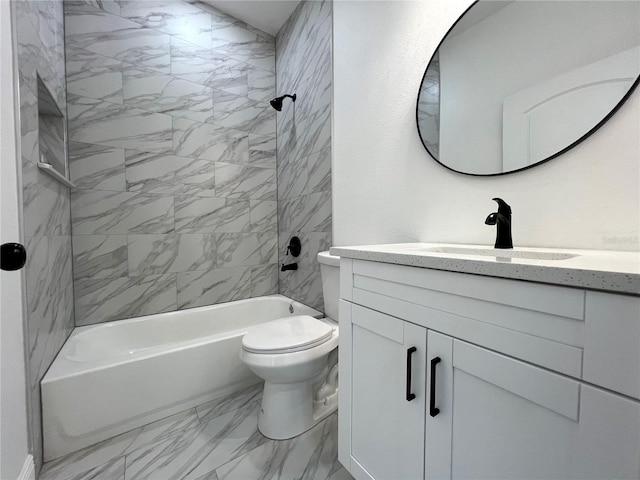 bathroom with toilet, marble finish floor, shower / washtub combination, and vanity