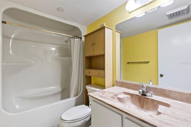 full bath with visible vents, toilet, vanity, and shower / bathtub combination with curtain