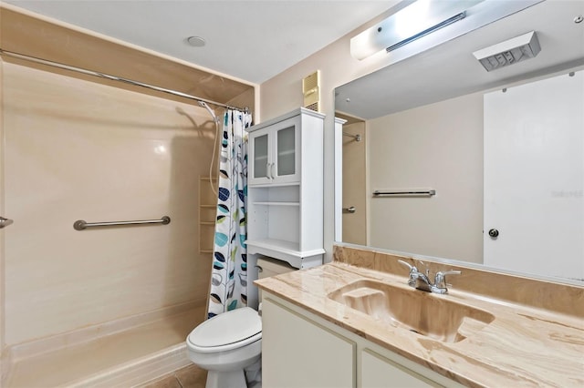 bathroom featuring tile patterned floors, visible vents, a shower with curtain, toilet, and vanity