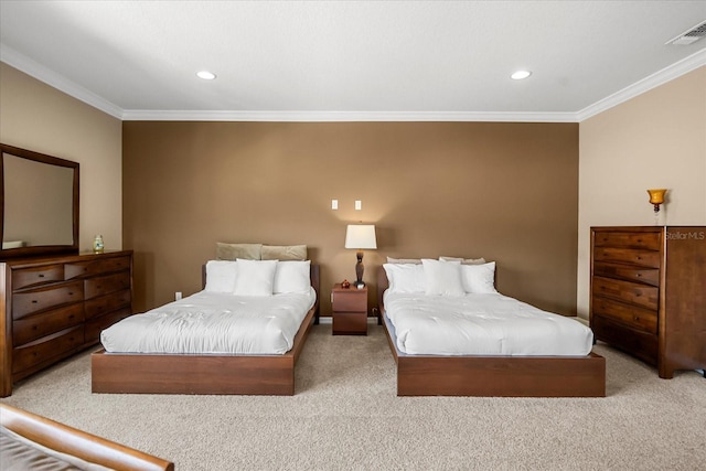 bedroom with recessed lighting, visible vents, carpet floors, and crown molding