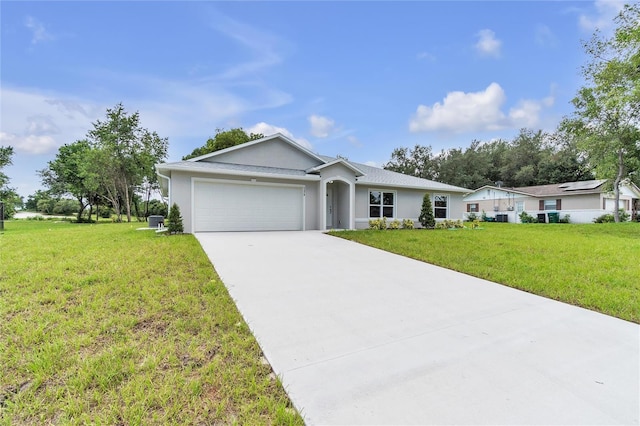 ranch-style house with stucco siding, driveway, a front lawn, and a garage