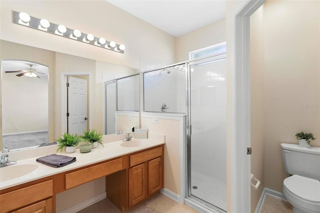 full bath featuring a shower stall, toilet, double vanity, and a sink