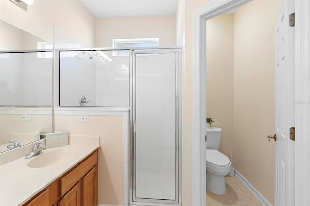 bathroom with vanity, toilet, a stall shower, and tile patterned flooring