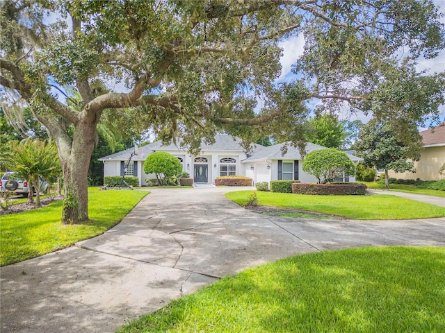 view of front of house with stucco siding, driveway, and a front lawn