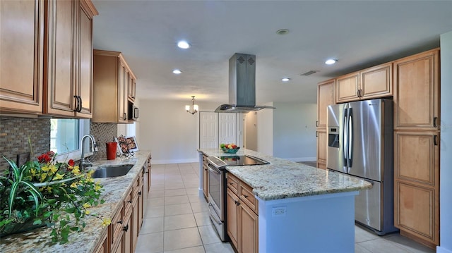 kitchen with island exhaust hood, a sink, a center island, stainless steel appliances, and decorative backsplash