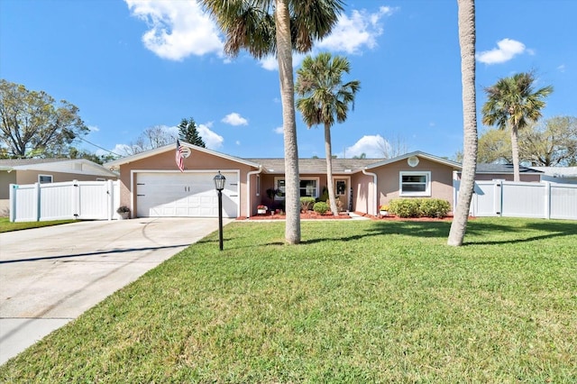 ranch-style house featuring an attached garage, fence, driveway, and stucco siding