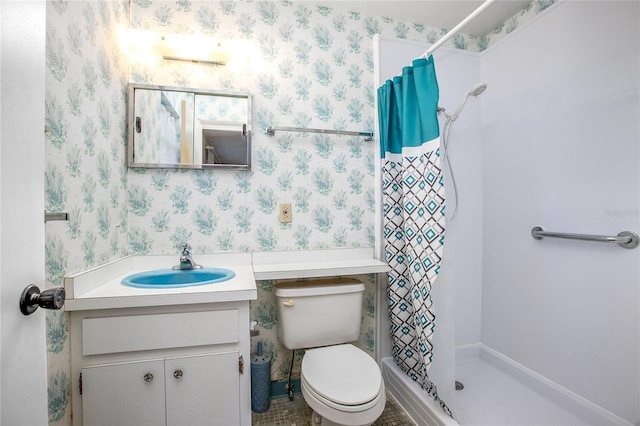 full bathroom with toilet, a stall shower, wallpapered walls, and vanity