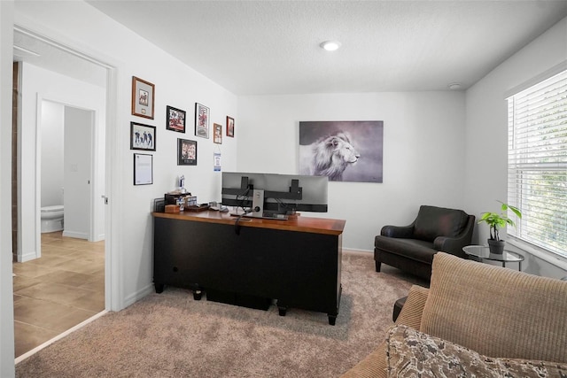 carpeted office featuring baseboards and a textured ceiling