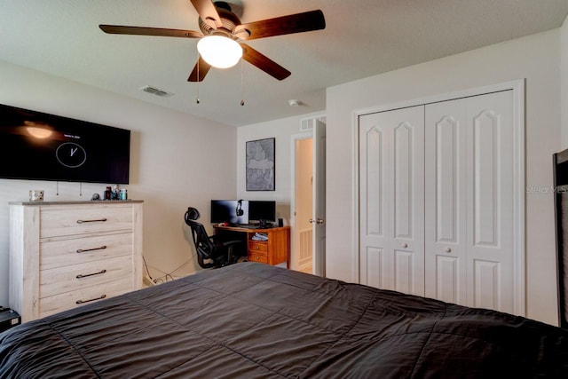 bedroom featuring a closet, visible vents, and a ceiling fan