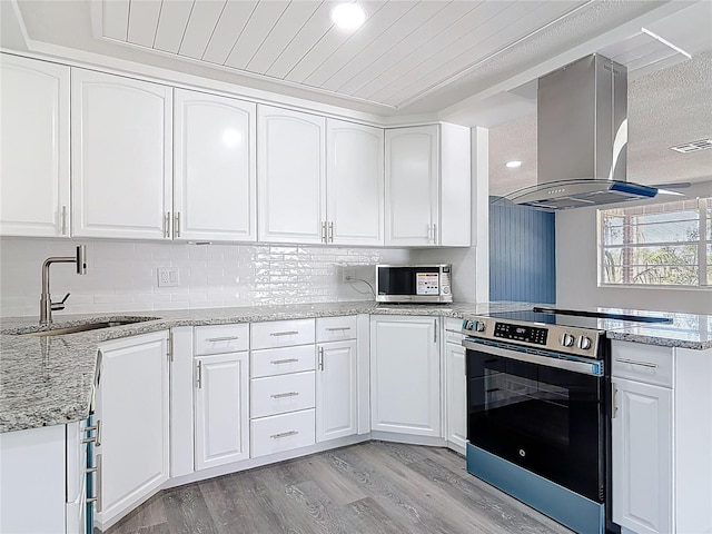 kitchen with light wood finished floors, a peninsula, island exhaust hood, a sink, and stainless steel appliances