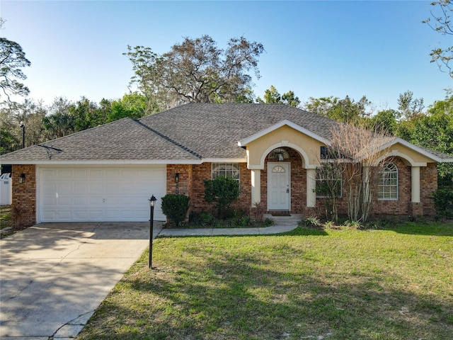 ranch-style home featuring brick siding, concrete driveway, a front lawn, and a garage