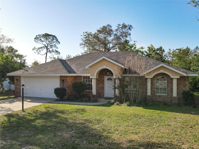 single story home with brick siding, a shingled roof, a front yard, driveway, and an attached garage