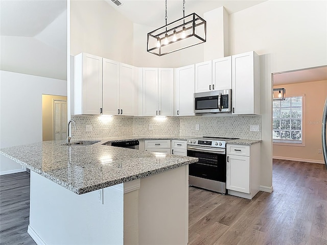 kitchen featuring a peninsula, high vaulted ceiling, appliances with stainless steel finishes, and a sink