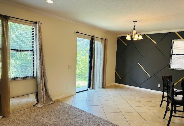 1812 Leather Fern Dr, Ocoee, FL 34761 - unfurnished dining area with a chandelier, crown molding, baseboards, and light tile patterned floors