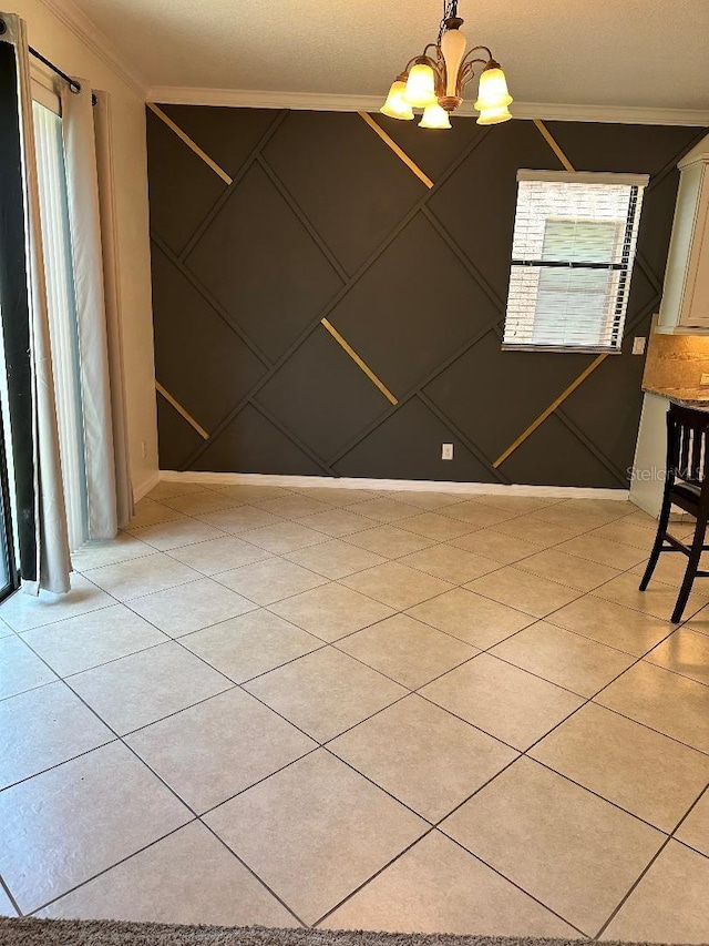 1812 Leather Fern Dr, Ocoee, FL 34761 - unfurnished dining area with crown molding, a chandelier, light tile patterned floors, and plenty of natural light