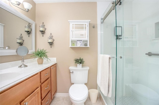 full bath with tile patterned floors, vanity, toilet, and a shower stall